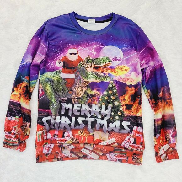 Christmas Santa T-Rex Boys Mesh Sweatshirt Large Polyester Spandex‎ Unbranded - Picture 1 of 11